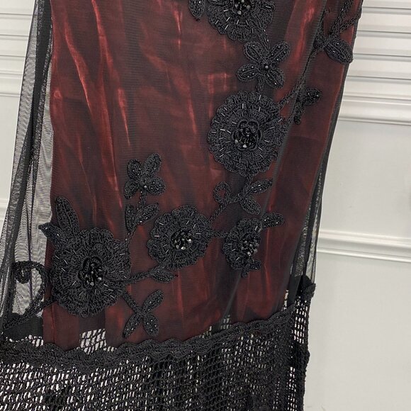 Sue Wong Sz. 6 Vintage Rare Iridescent Deep Red and Black Crochet Beaded Gown - Picture 6 of 16